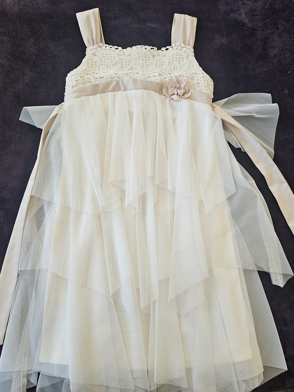 Cream Layered Tulle Flower-Accent Girls Party Dress